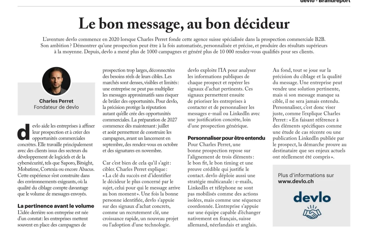 devlo Artikel "Die richtige Botschaft, an den richtigen Entscheider" im Supplement Business Success des PME Magazine, Juni 2026